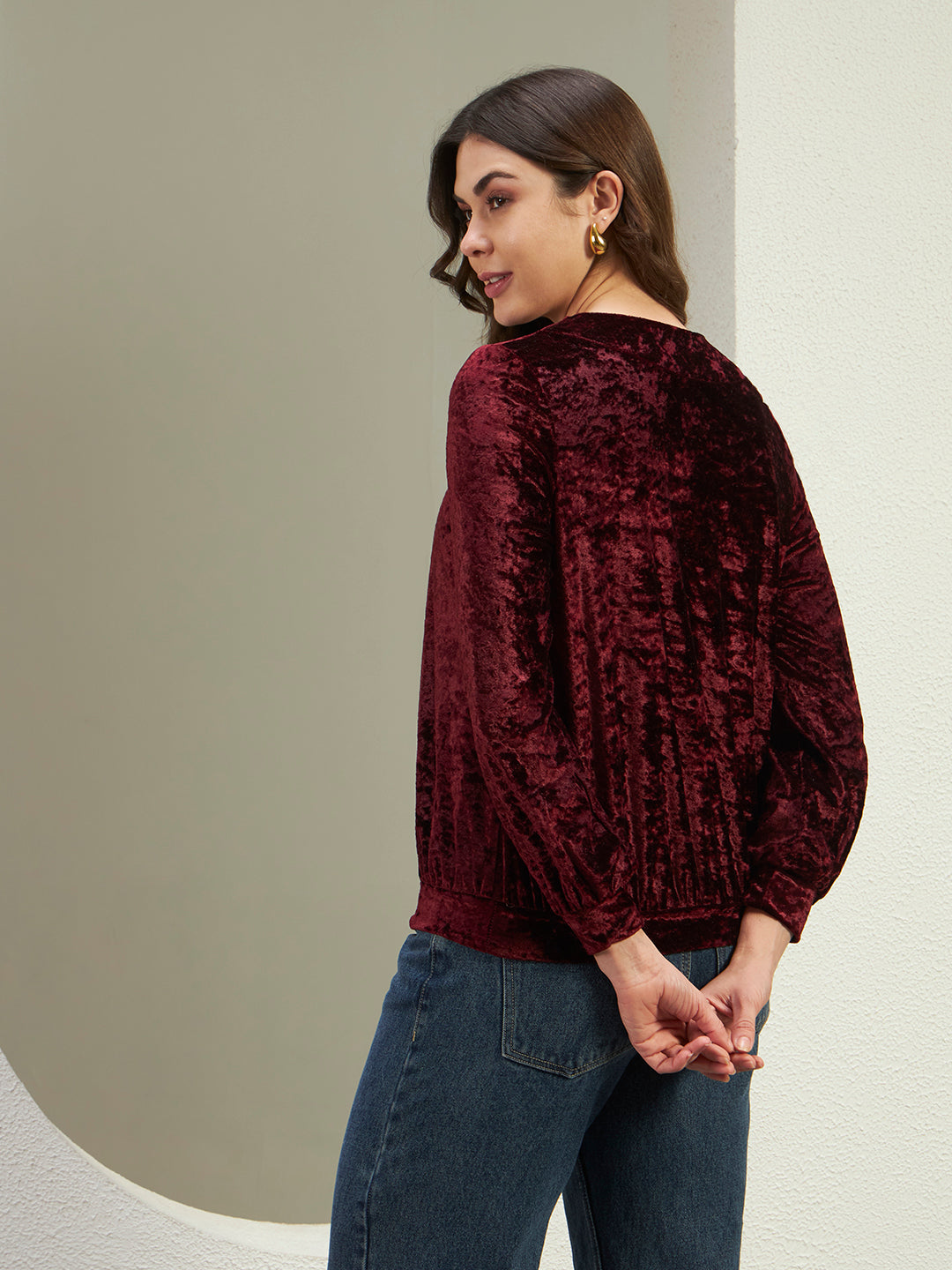 Luxe Wine Crushed Velvet Gathered Top