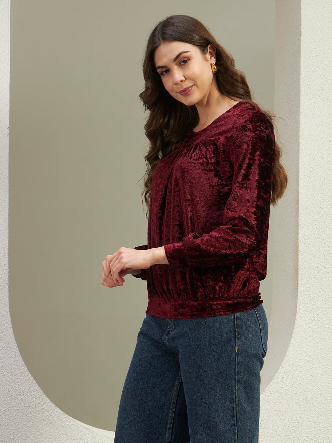 Luxe Wine Crushed Velvet Gathered Top