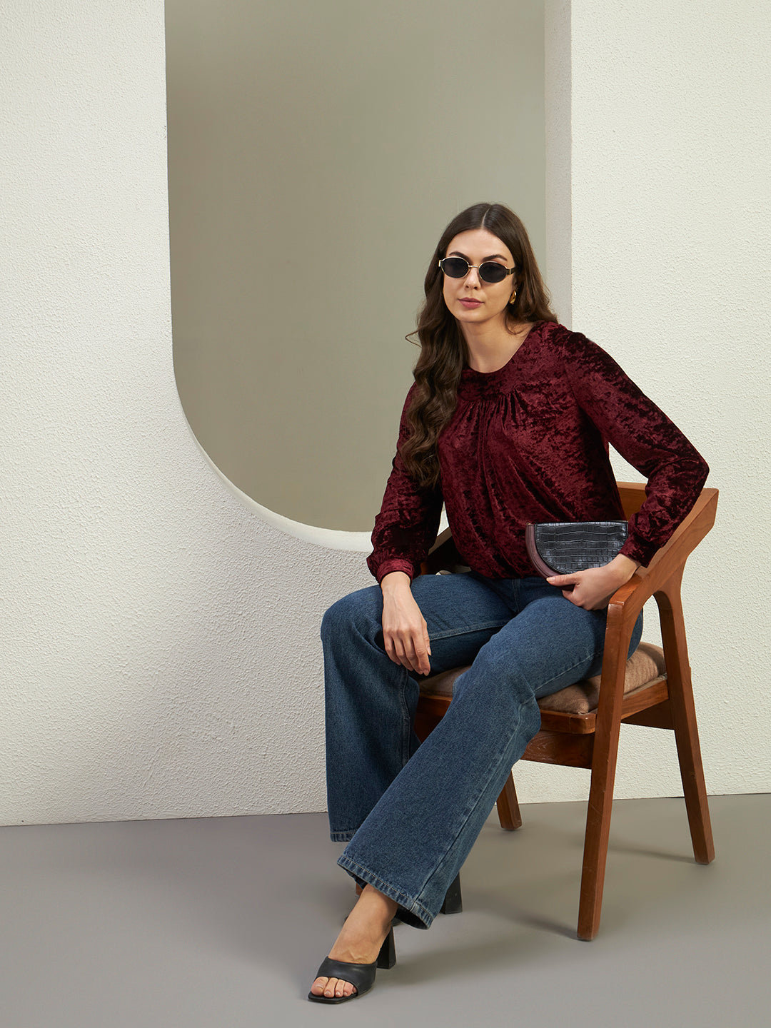 Luxe Wine Crushed Velvet Gathered Top