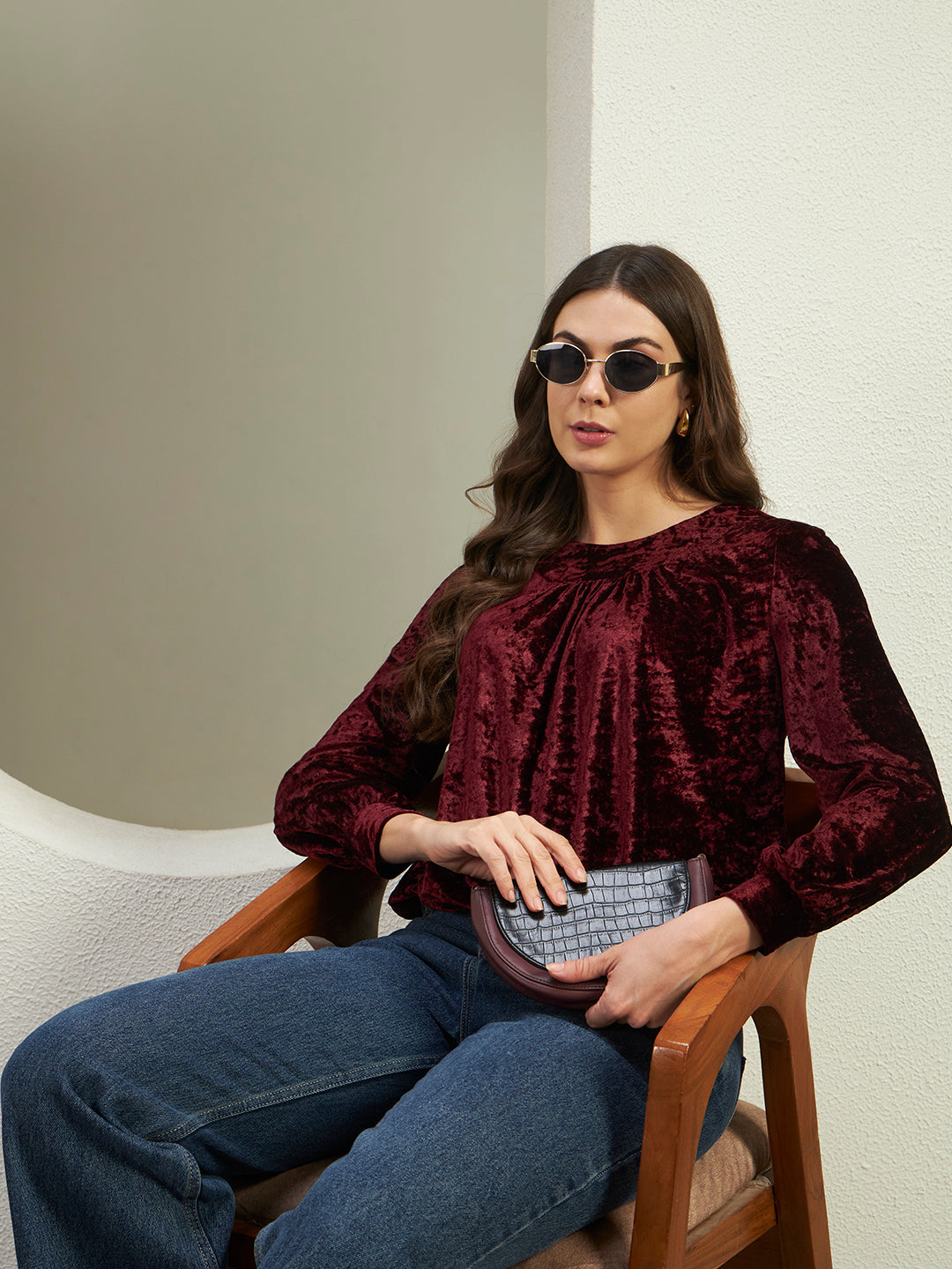 Luxe Wine Crushed Velvet Gathered Top