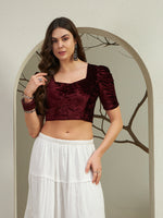 Deep Wine Crushed Velvet Square Neck Crop Blouse
