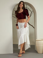 Deep Wine Crushed Velvet Square Neck Crop Blouse