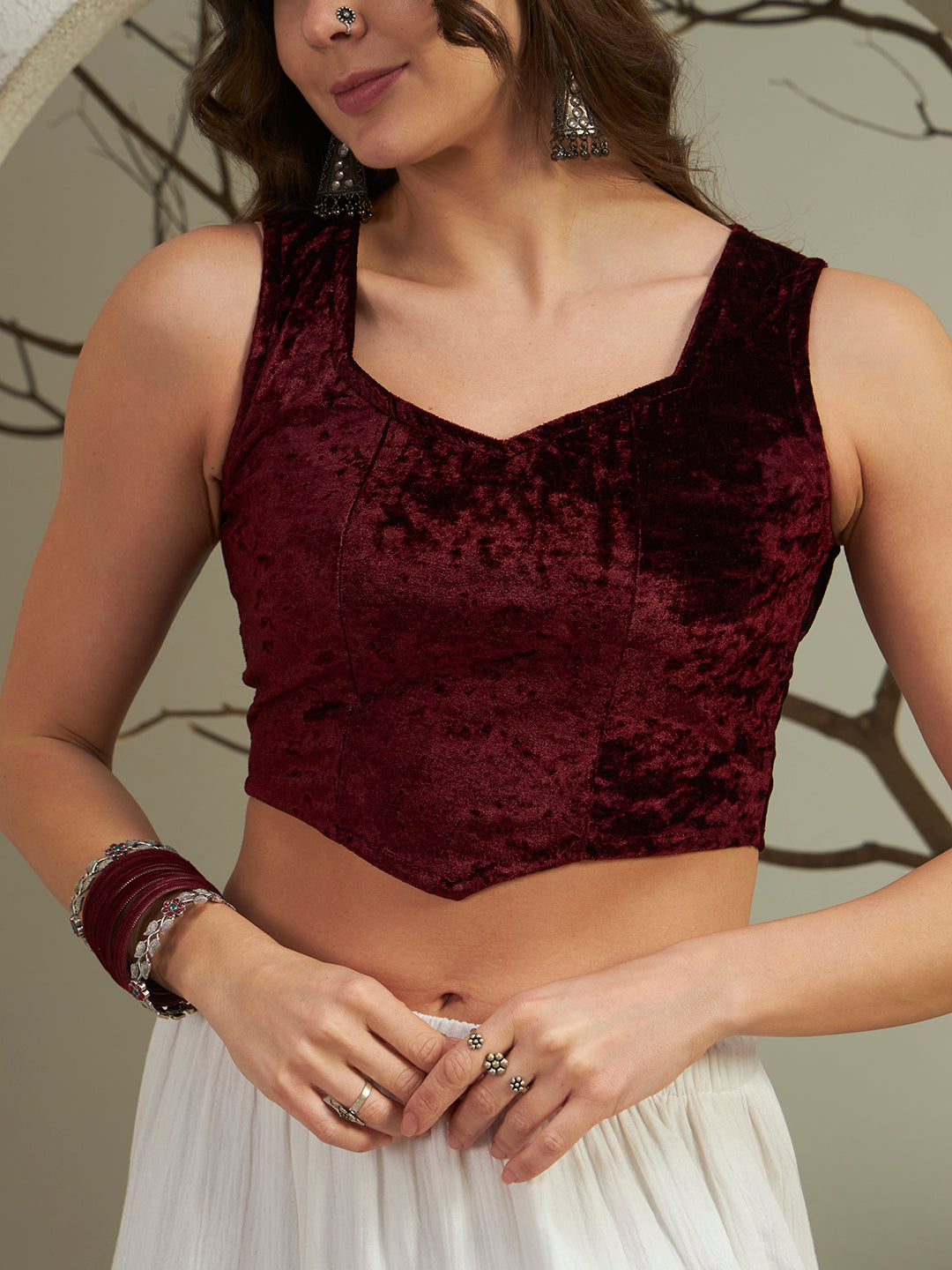 The Opulence Crushed Velvet Ethnic-Fusion Crop Top - Wine