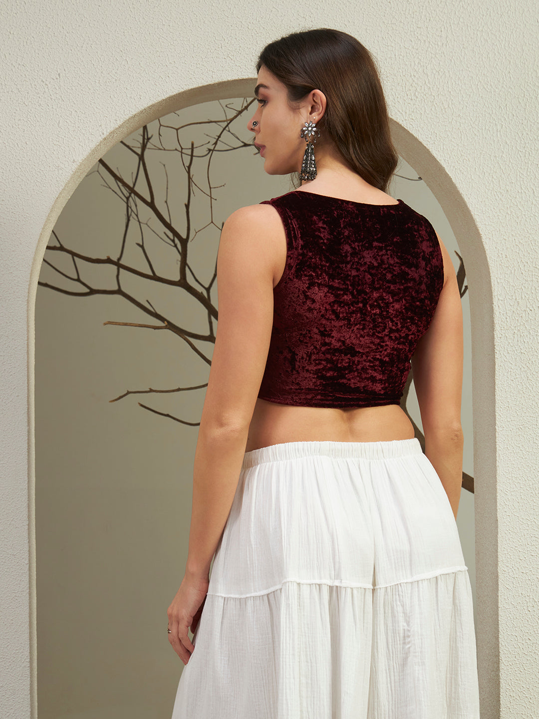 The Opulence Crushed Velvet Ethnic-Fusion Crop Top - Wine
