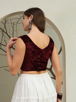 Rich Wine Crushed Velvet Sleeveless V-Neck Blouse