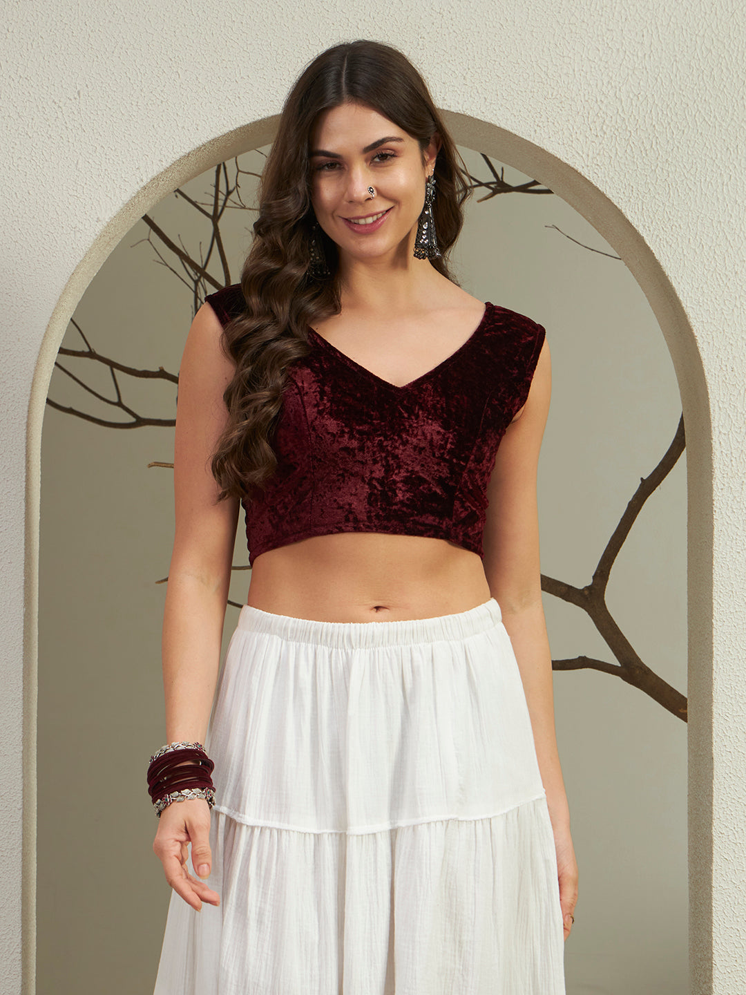 Rich Wine Crushed Velvet Sleeveless V-Neck Blouse