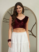 Rich Wine Crushed Velvet Sleeveless V-Neck Blouse