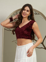 Rich Wine Crushed Velvet Sleeveless V-Neck Blouse