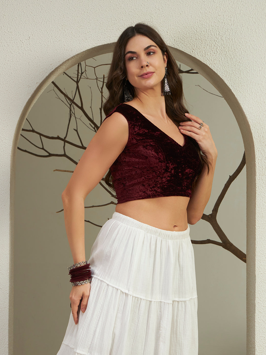 Rich Wine Crushed Velvet Sleeveless V-Neck Blouse