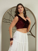 Rich Wine Crushed Velvet Sleeveless V-Neck Blouse