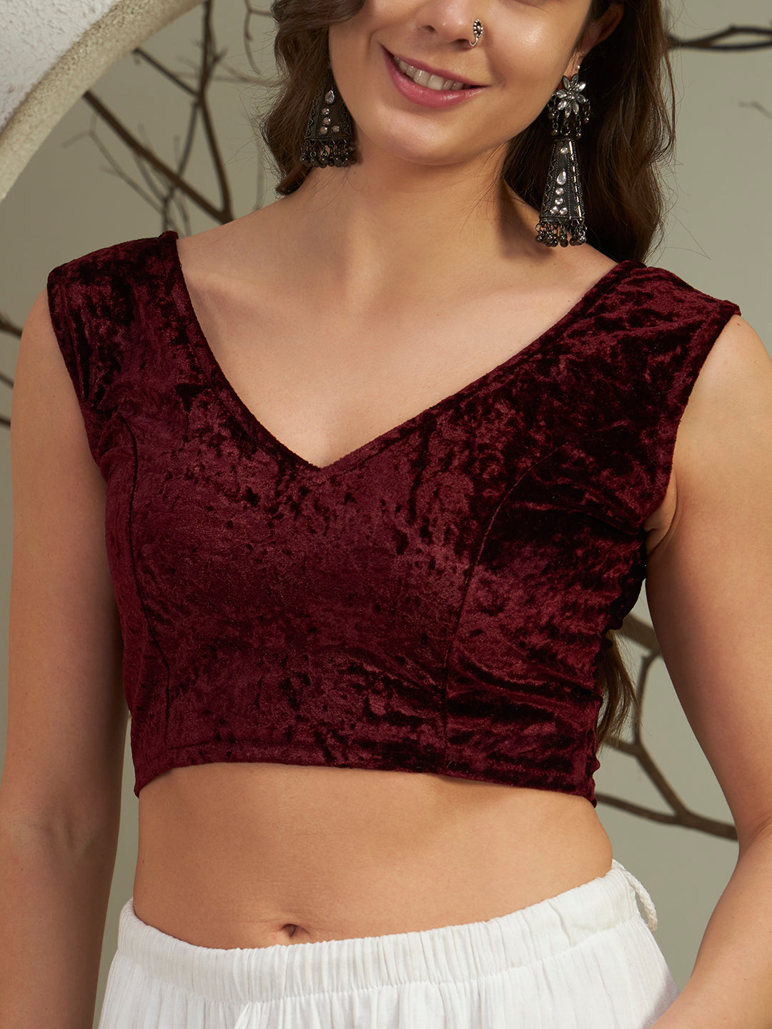 Rich Wine Crushed Velvet Sleeveless V-Neck Blouse