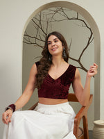 Rich Wine Crushed Velvet Sleeveless V-Neck Blouse