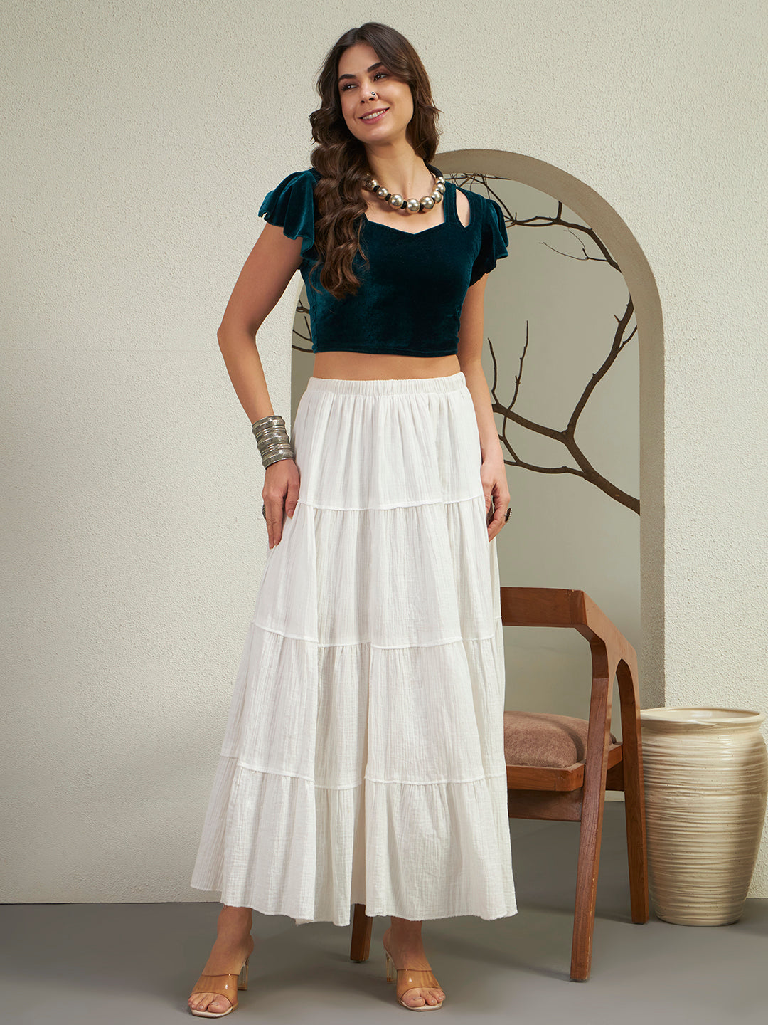 Premium Emerald Teal Velvet Crop Top with Cold-Shoulder Flutter Sleeves