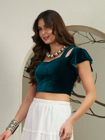 Premium Emerald Teal Velvet Crop Top with Cold-Shoulder Flutter Sleeves