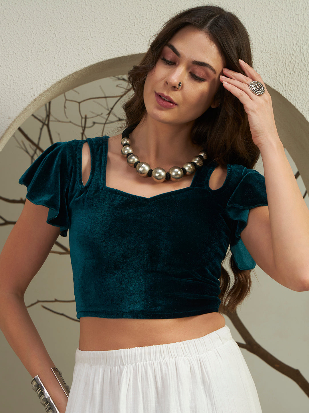 Premium Emerald Teal Velvet Crop Top with Cold-Shoulder Flutter Sleeves