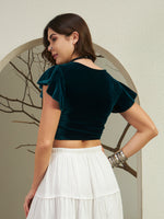 Premium Emerald Teal Velvet Crop Top with Cold-Shoulder Flutter Sleeves