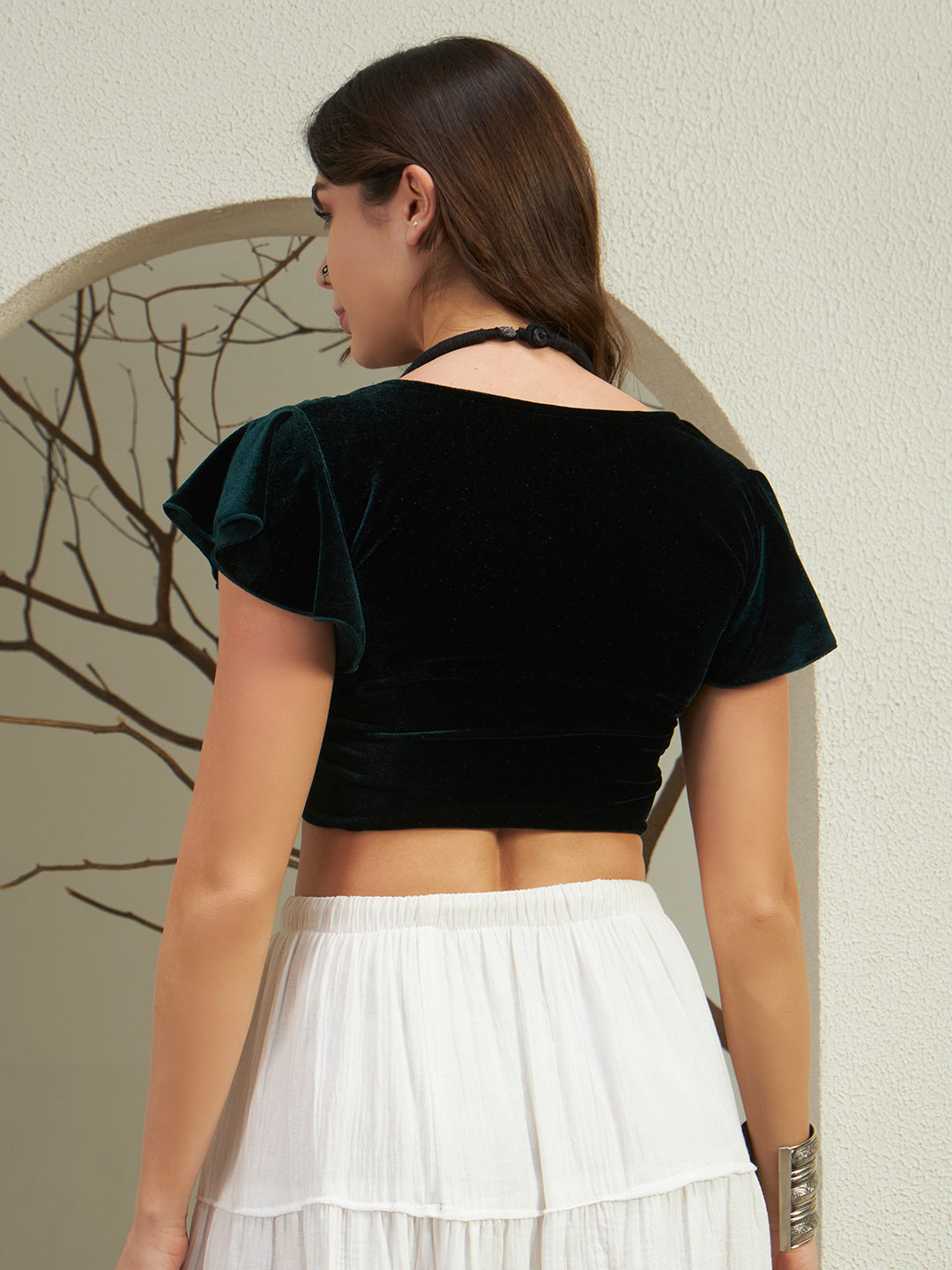 Velvet Cut-Out Flutter Sleeve Crop Top