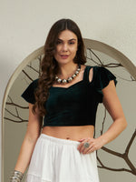 Midnight Blue Velvet Flutter Sleeve Crop Top