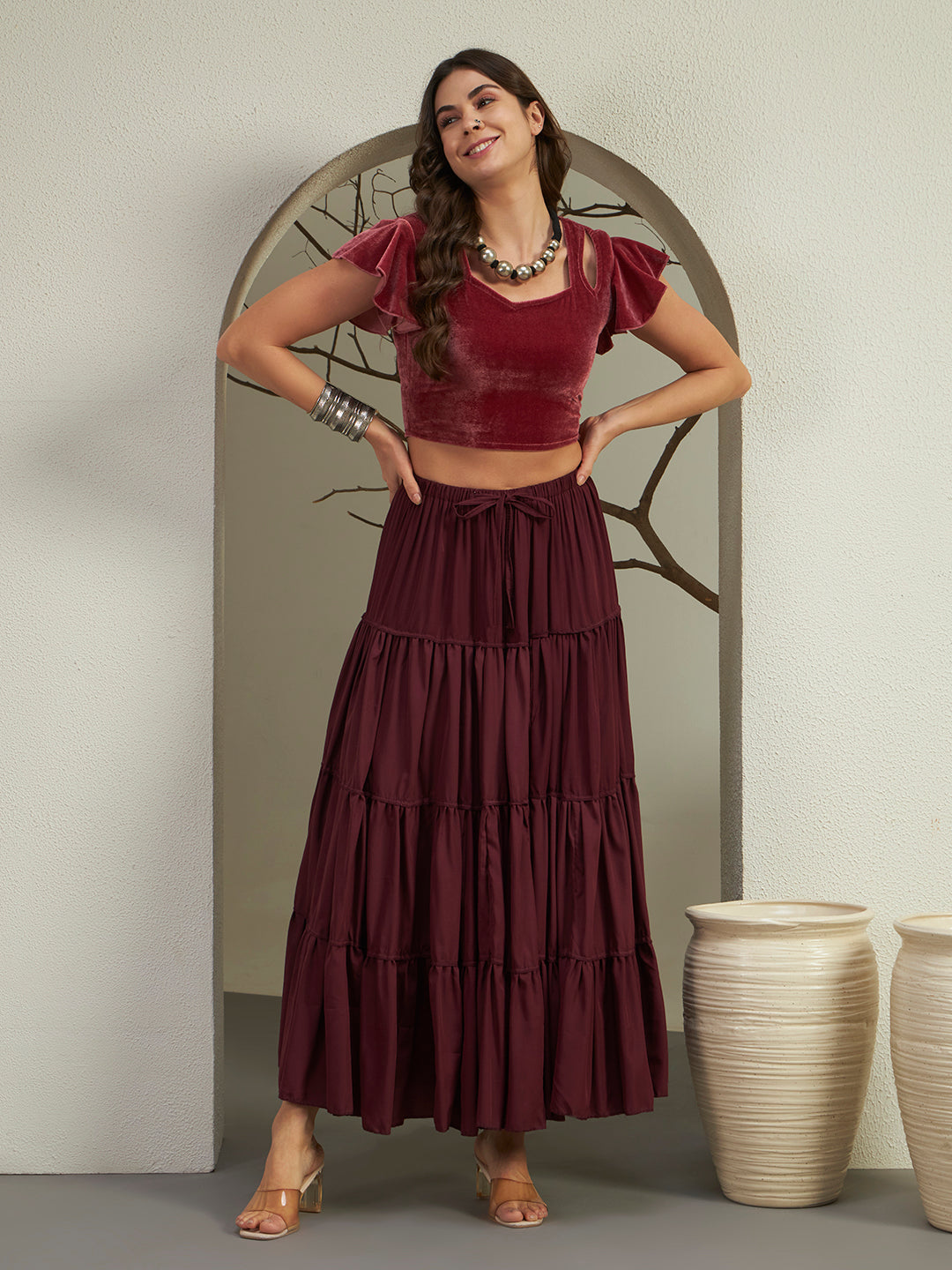 Velvet Square-Neck Crop Top with Flared Sleeves