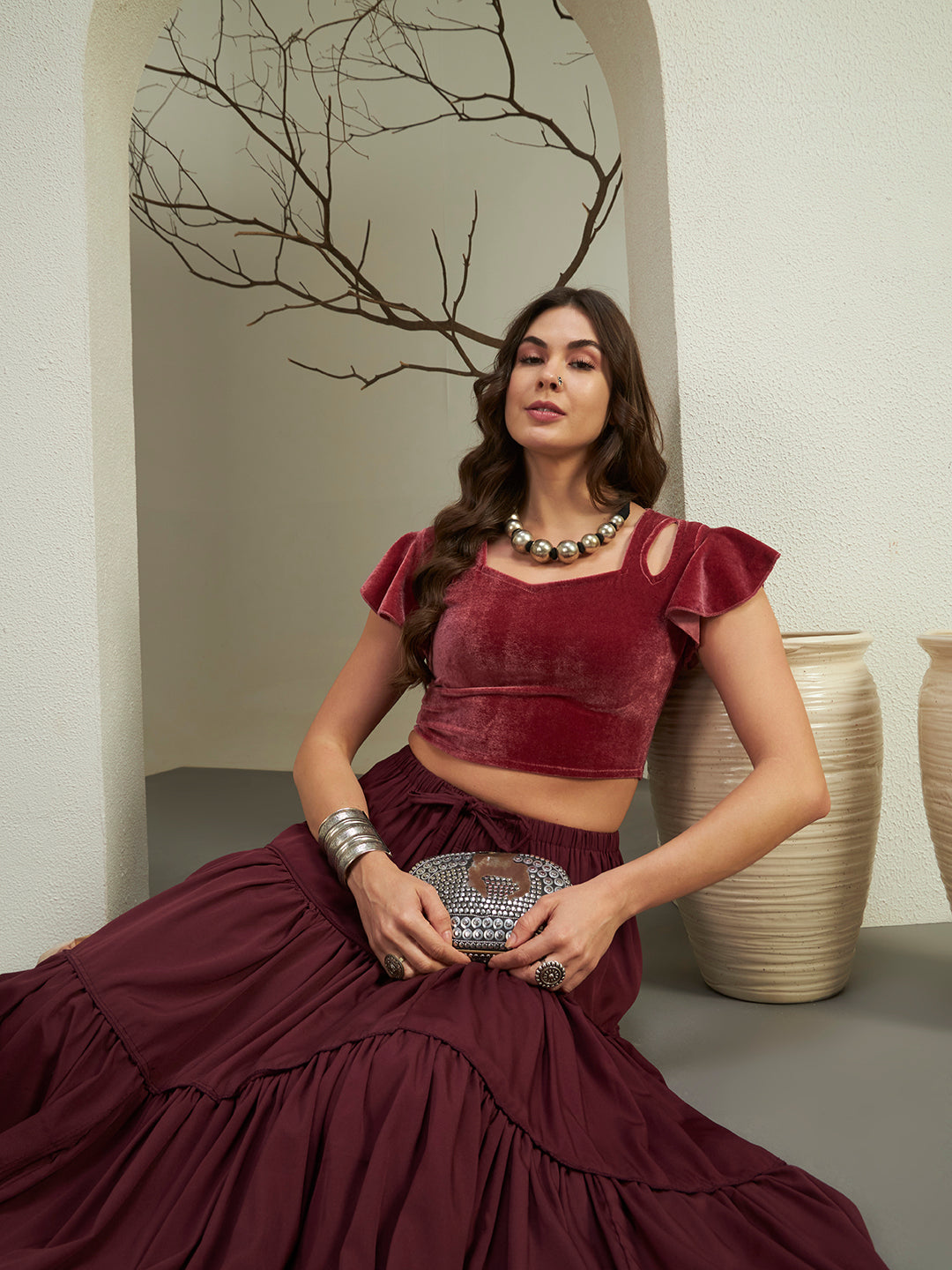 Velvet Square-Neck Crop Top with Flared Sleeves