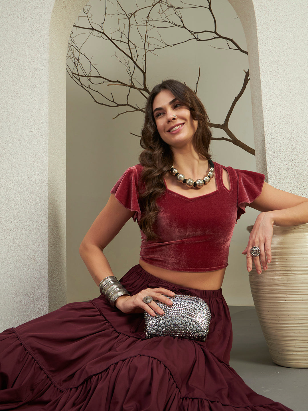 Velvet Square-Neck Crop Top with Flared Sleeves