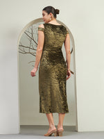 Olive Crushed Velvet Cold-Shoulder Slit Dress