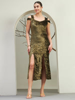 Olive Crushed Velvet Cold-Shoulder Slit Dress