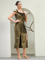 Olive Crushed Velvet Cold-Shoulder Slit Dress