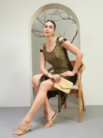 Olive Crushed Velvet Cold-Shoulder Slit Dress