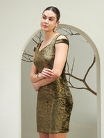 Olive Gold Crushed Velvet Cold-Shoulder Mini Dress