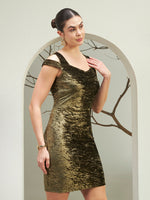 Olive Gold Crushed Velvet Cold-Shoulder Mini Dress