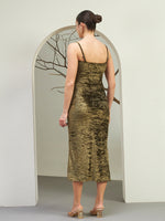 Olive Gold Crushed Velvet Slit Midi Dress