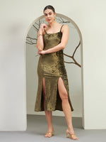 Olive Gold Crushed Velvet Slit Midi Dress