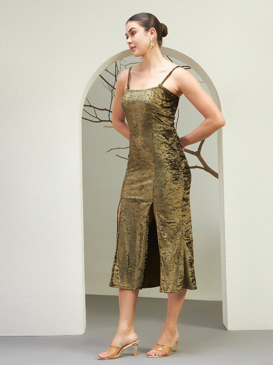 Olive Gold Crushed Velvet Slit Midi Dress