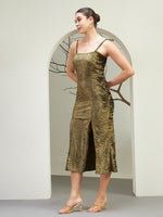 Olive Gold Crushed Velvet Slit Midi Dress