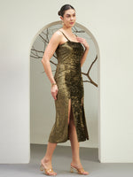 Olive Gold Crushed Velvet Slit Midi Dress