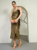 Olive Gold Crushed Velvet Slit Midi Dress