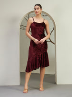 Burgundy Crushed Velvet Asymmetrical Midi Dress