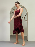 Burgundy Crushed Velvet Asymmetrical Midi Dress