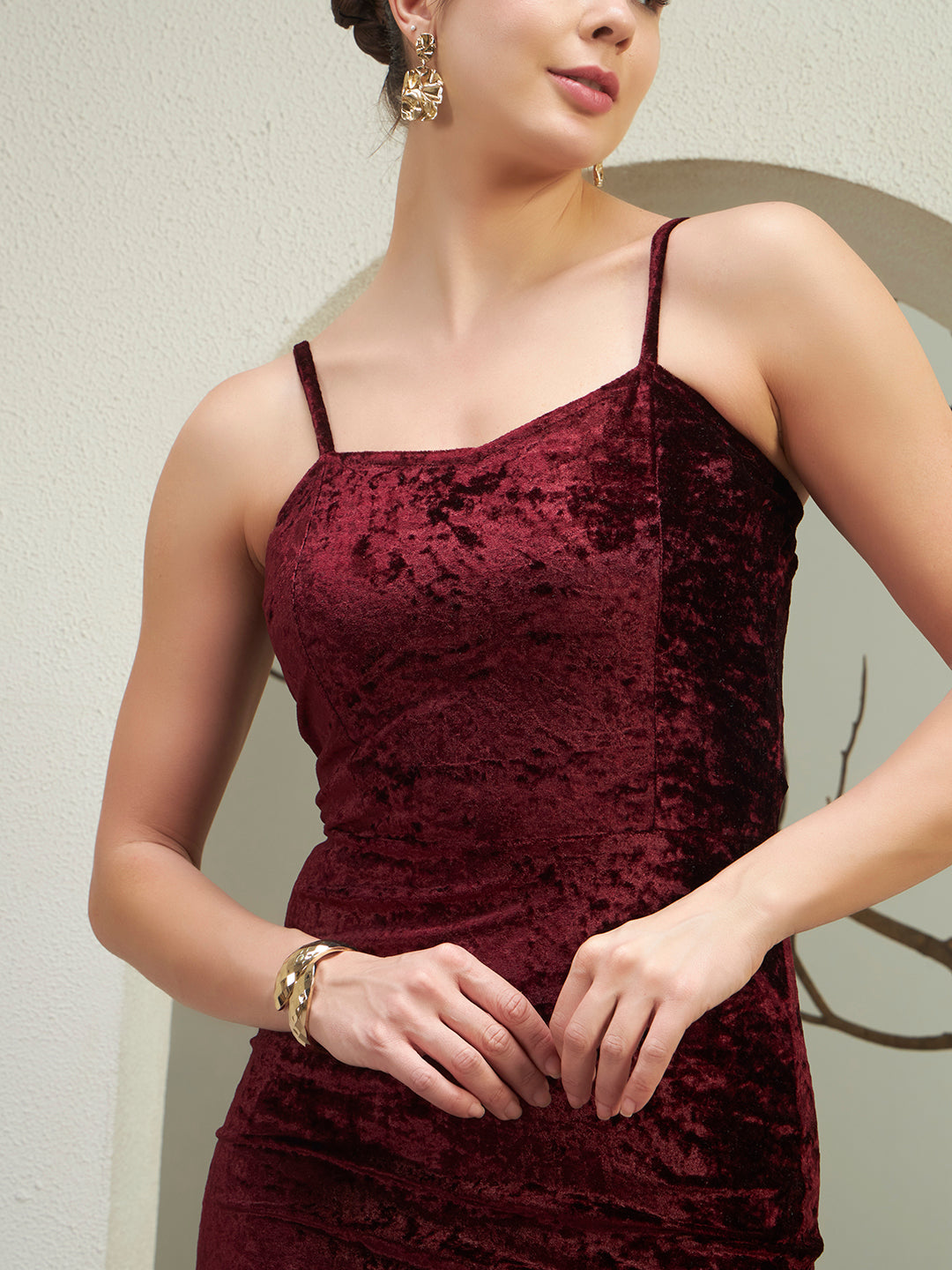 Burgundy Crushed Velvet Asymmetrical Midi Dress