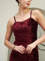 Burgundy Crushed Velvet Asymmetrical Midi Dress