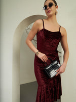 Burgundy Crushed Velvet Asymmetrical Midi Dress