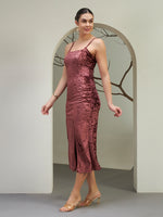 Dusty Rose Crushed Velvet Slit Midi Dress