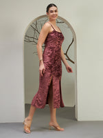Dusty Rose Crushed Velvet Slit Midi Dress