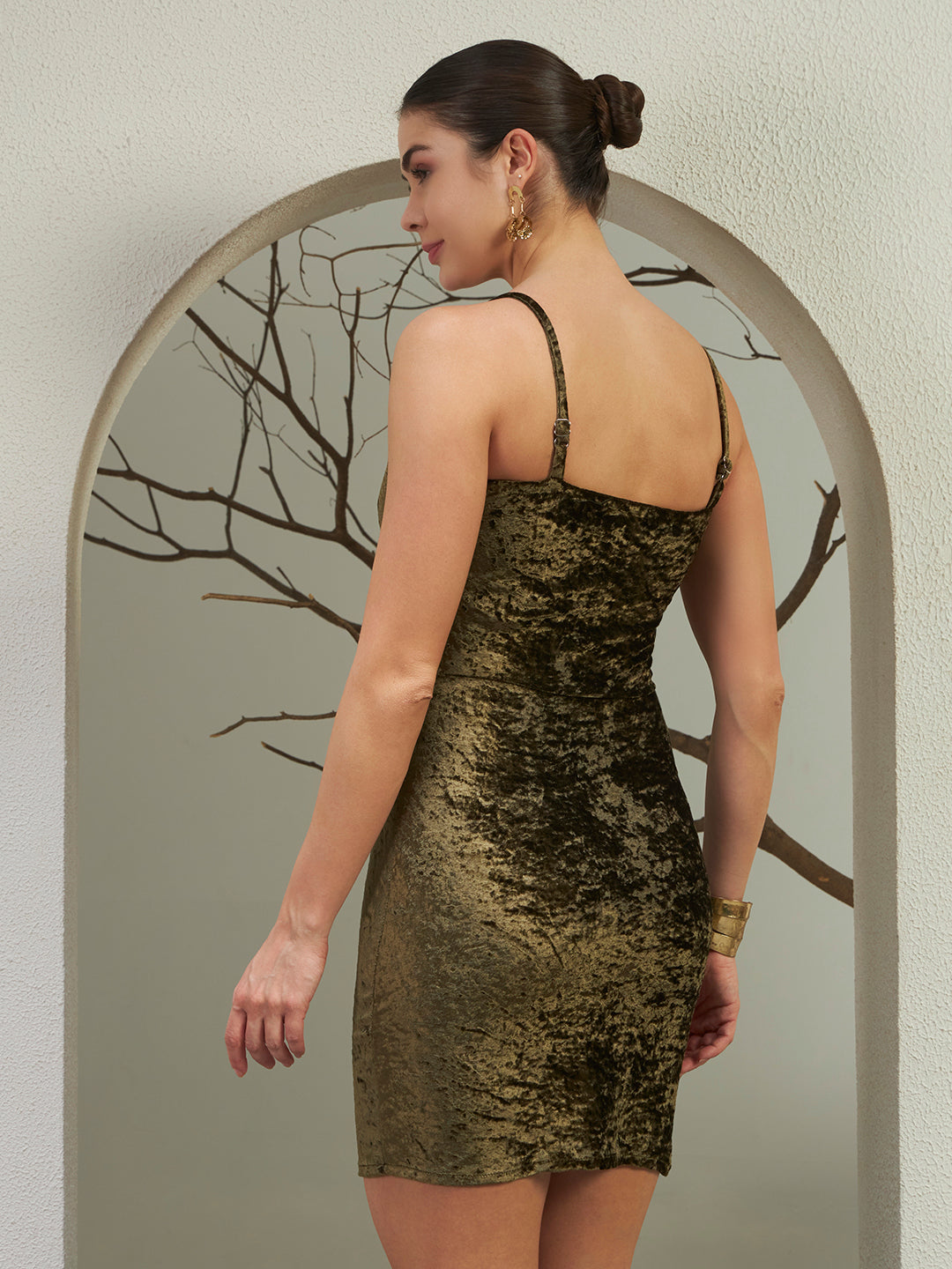 Olive Gold Crushed Velvet Mini Dress