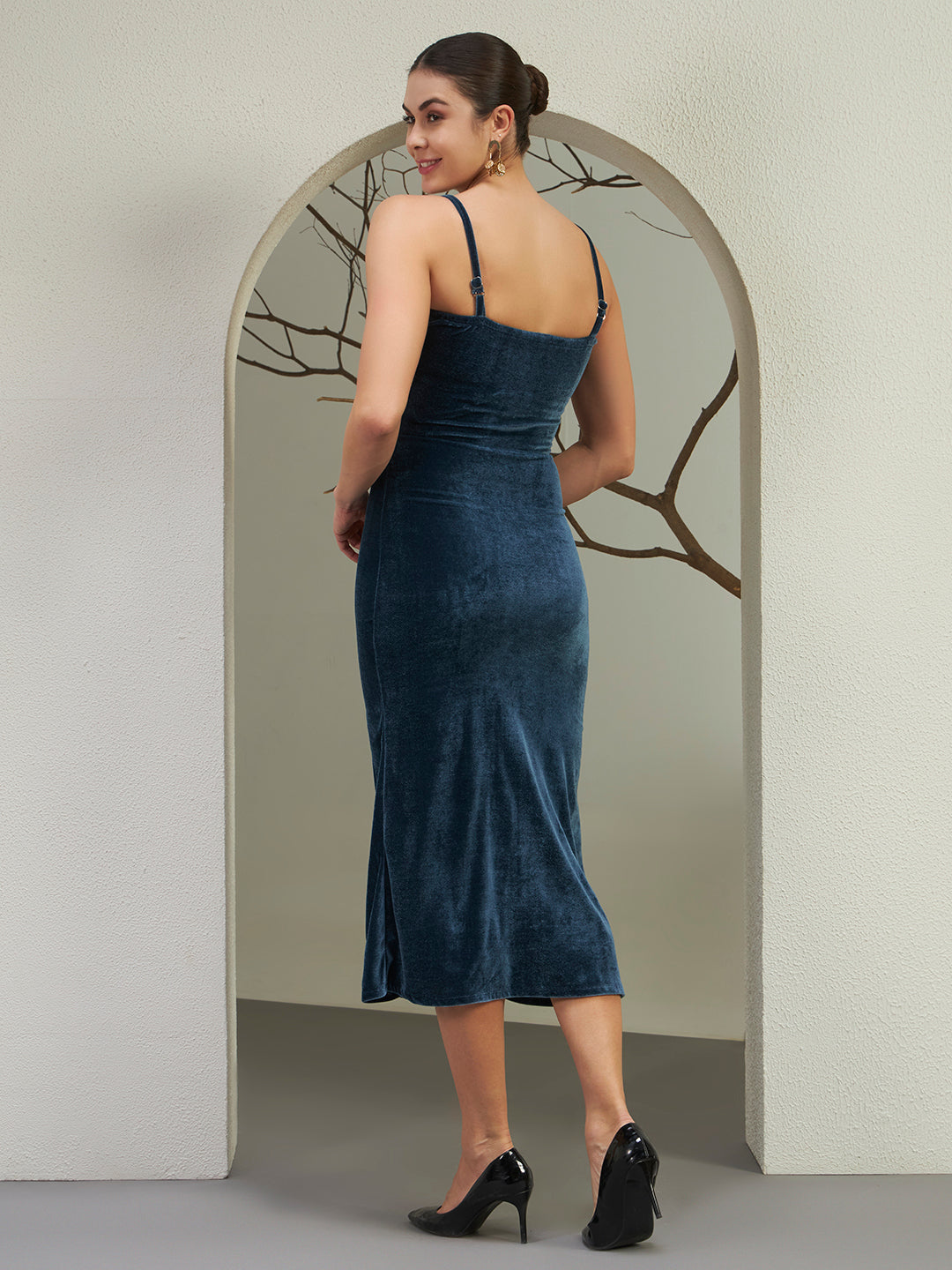 Midnight Navy Velvet Slit Midi Dress