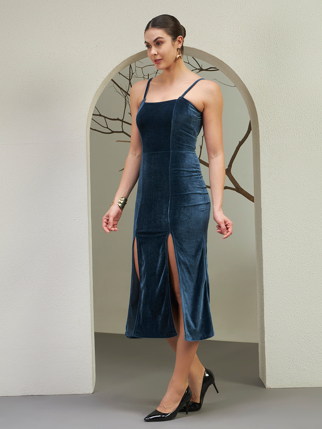 Midnight Navy Velvet Slit Midi Dress