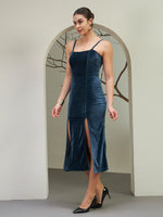 Midnight Navy Velvet Slit Midi Dress