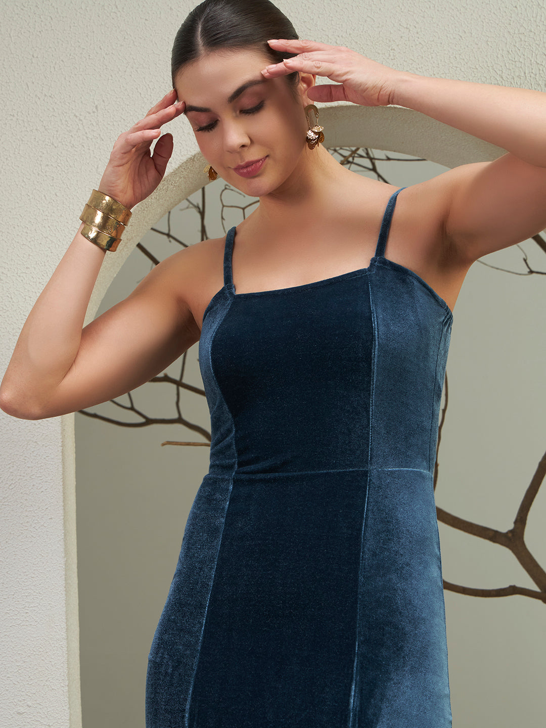 Midnight Navy Velvet Slit Midi Dress