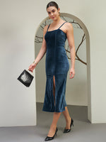 Midnight Navy Velvet Slit Midi Dress